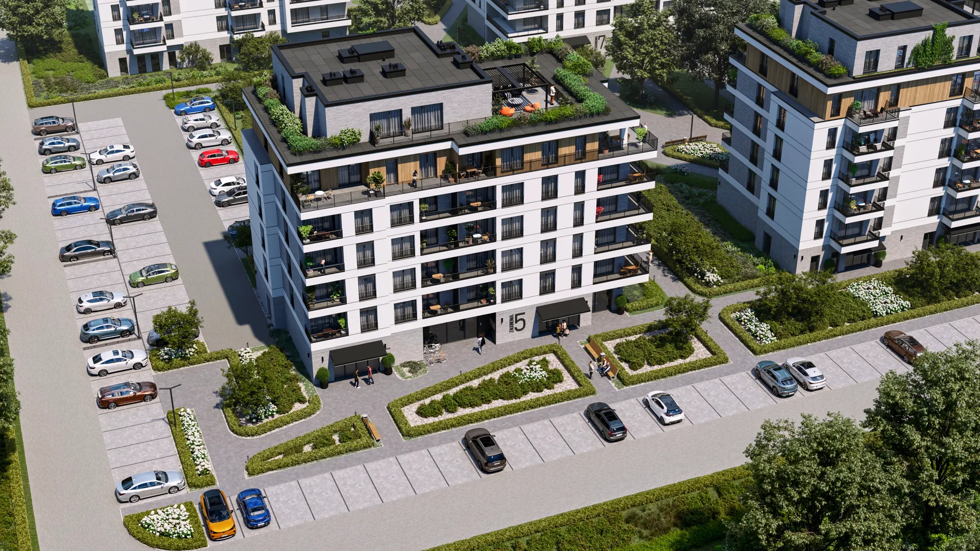 Wizualizacja budynku SOHO Zielone Tarasy z lotu ptaka — zielony dach z tarasem, parking, nasadzenia zieleni i sąsiednie budynki osiedla